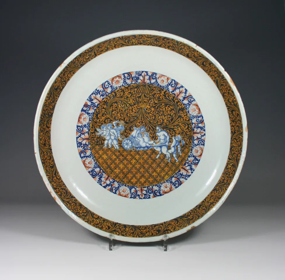 A Round Faience Nielloed Ochre Ground Large Saucer dish