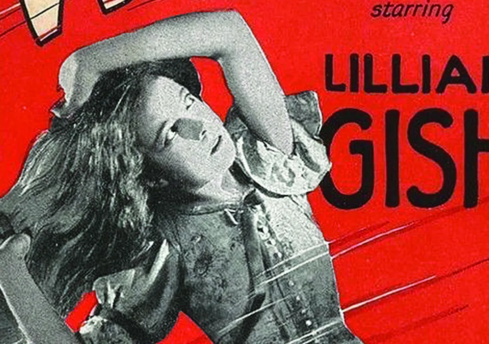A cropped shot of an old school movie poster, in red, with a figure of a woman holding her arm up to her head in black and white.