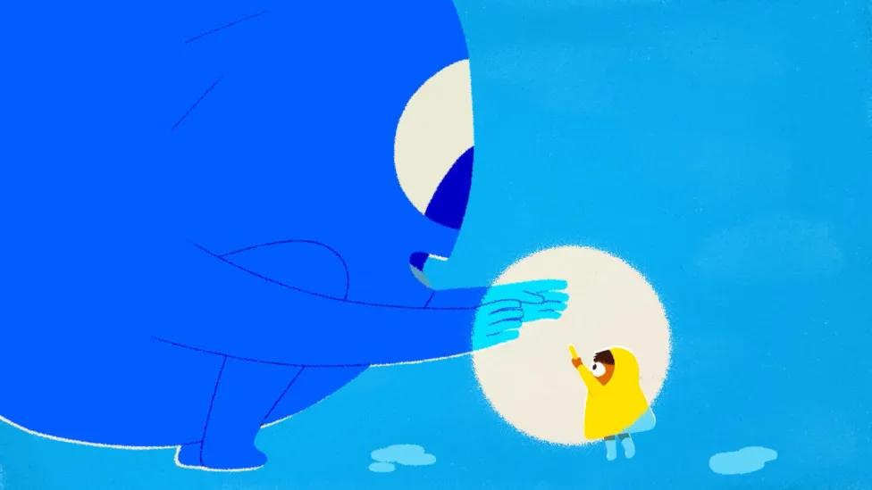 A large blue anthropomorphic ball reaches out its hands towards a small yellow person.