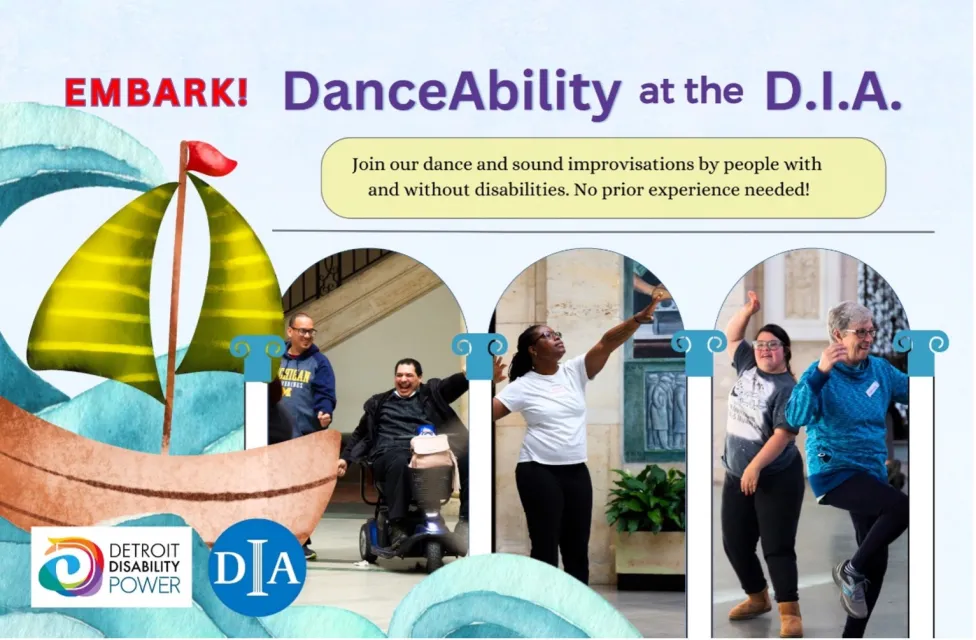 Dancers of different races, ages and genders are aboard an imaginary sailboat with green sails and a red mast flag under three museum arches. Waves ripple past one dancer joyfully extending his arms from his wheelchair, another standing with her arms outstretched, and two more making shapes with their arms and legs.