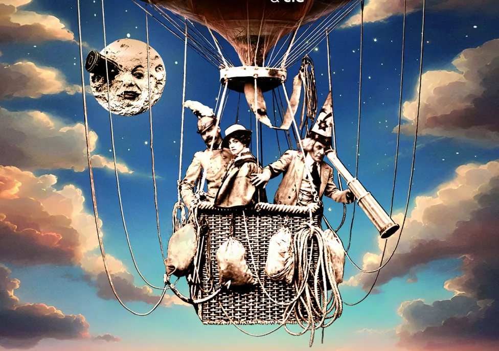 Thre whimsical characters in a hot air balloon next to a moon with a face