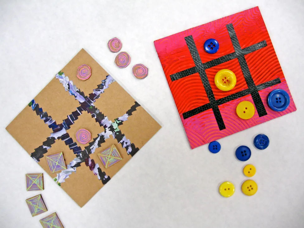 Examples of tic tac toe boards made in the Detroit Institute of Arts' Artmaking Studio