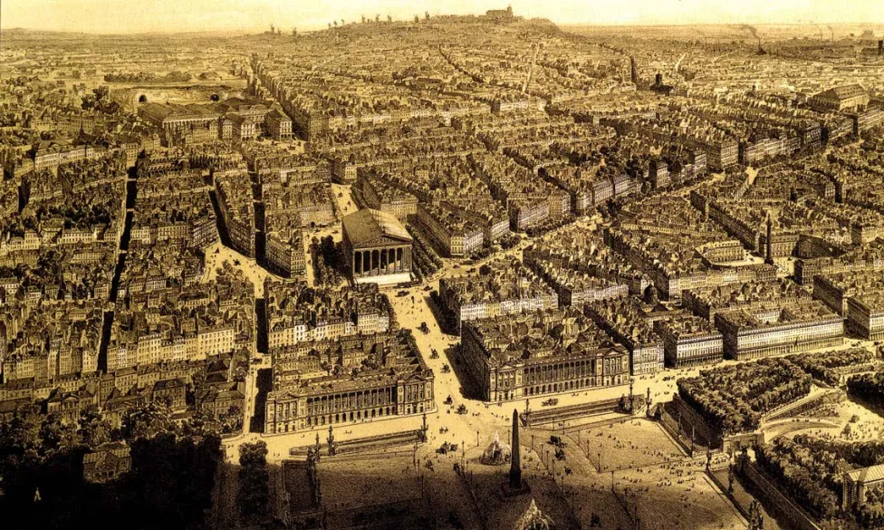A sepia-toned early 20th century city-scape