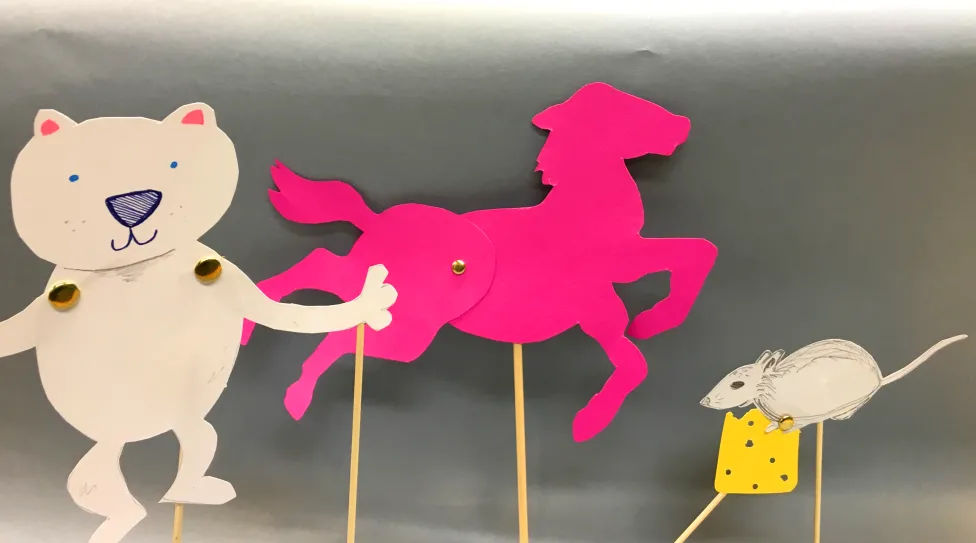 Examples of rod puppets made in the DIA's Artmaking Studio