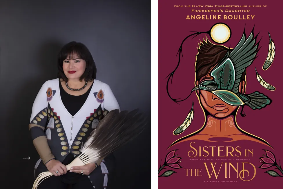 Angeline Boulley pictured next to the cover for their latest book, Sisters in the Wind