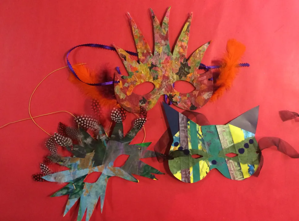 Examples of celebration masks made in the DIA's Artmaking Studio