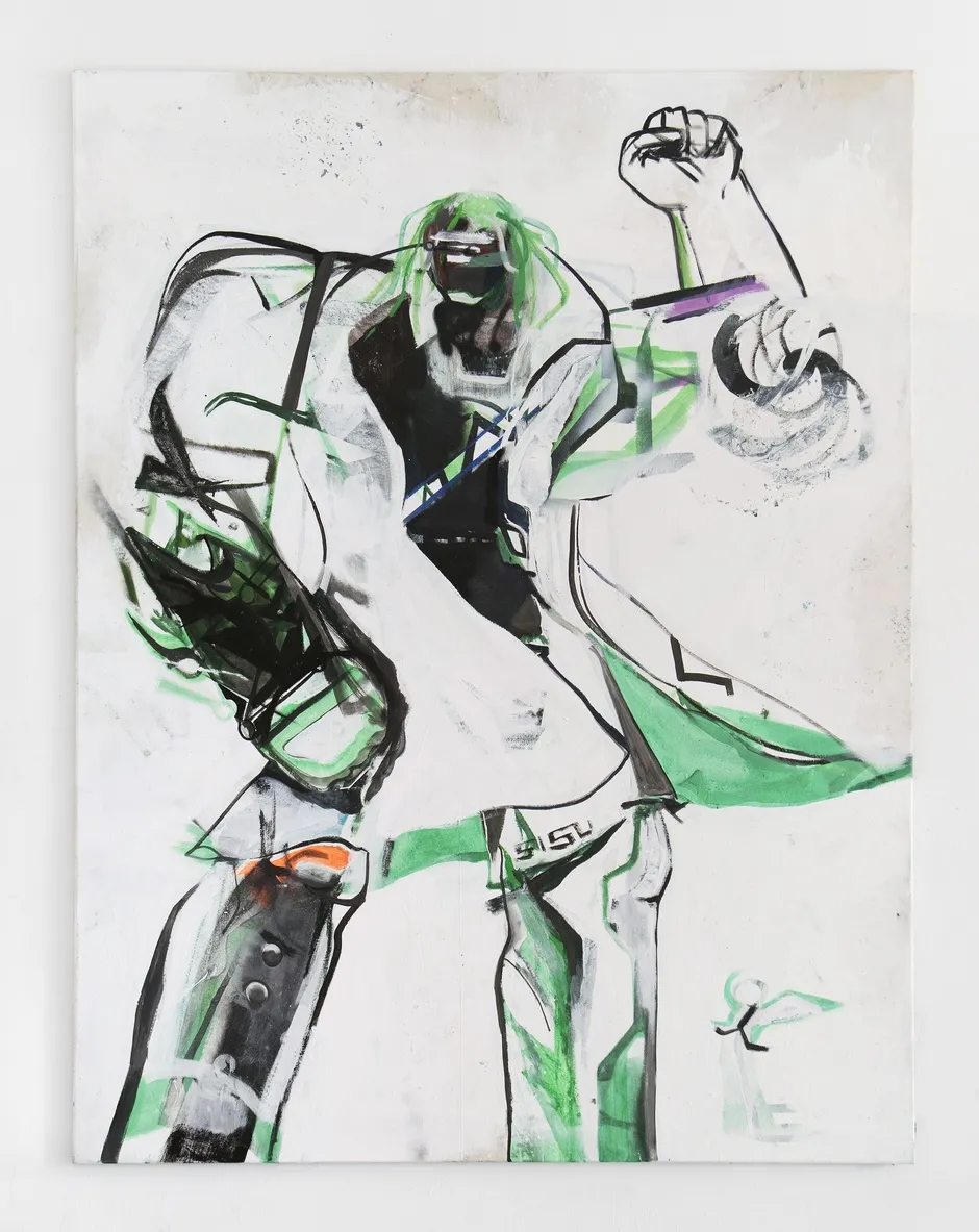 Image caption: Israel Aten, Untitled, 2017, Acrylic, oil stick, spray paint, sharpie 210 × 160 cm (82 ⅝ × 63 inches)
