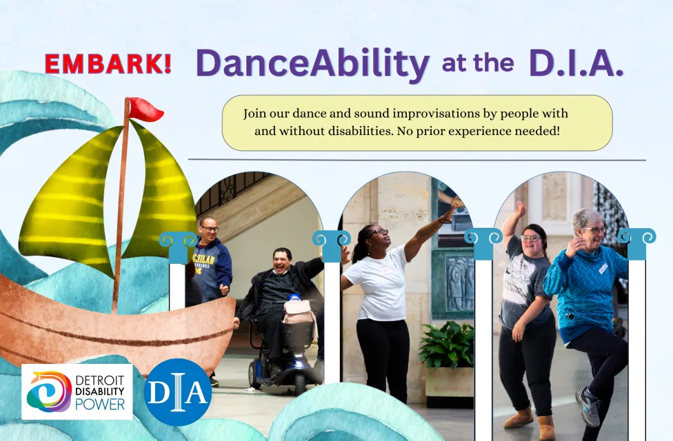 Dancers of different races, ages and genders are aboard an imaginary sailboat with green sails and a red mast flag under three museum arches. Waves ripple past one dancer joyfully extending his arms from his wheelchair, another standing with her arms outstretched, and two more making shapes with their arms and legs.