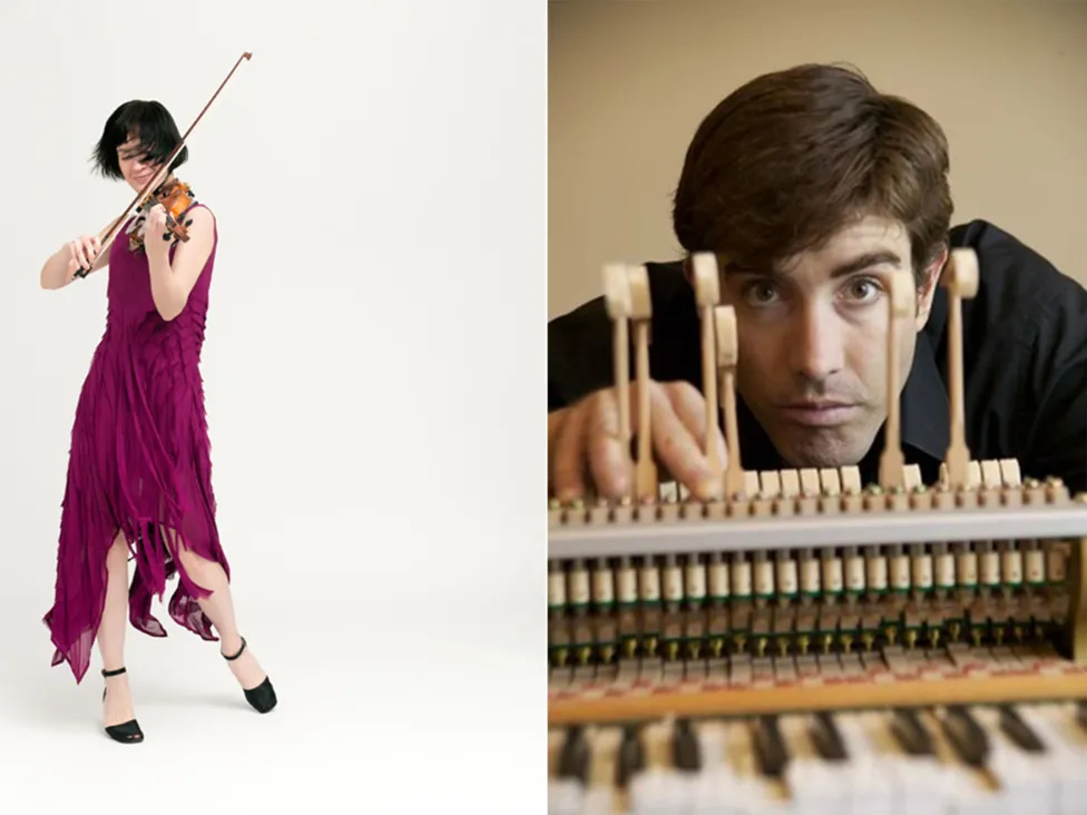 Miranda Cuckson and Blair McMillan pose with their instruments in separate photos.