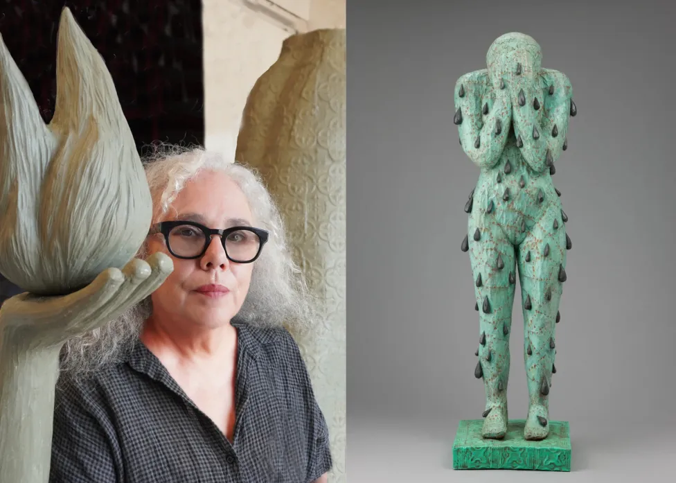 Left: portrait by Maddy Inez Right: Alison Saar, Blood/Sweat/Tears, 2005, wood, copper, bronze, paint and tar. Detroit Institute of Arts, Museum Purchase, W. Hawkins Ferry Fund, 2011.2.