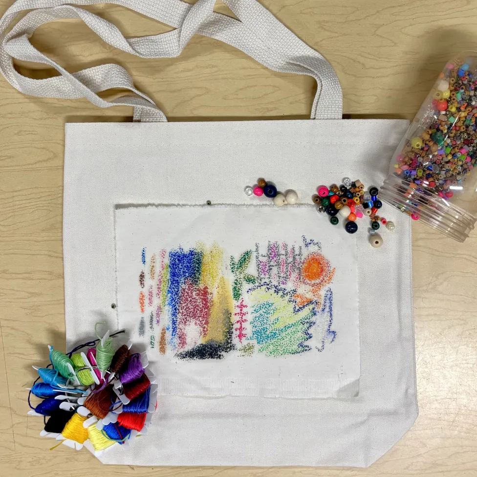 Example of an embellished tote bag made in the DIA's Artmaking studio