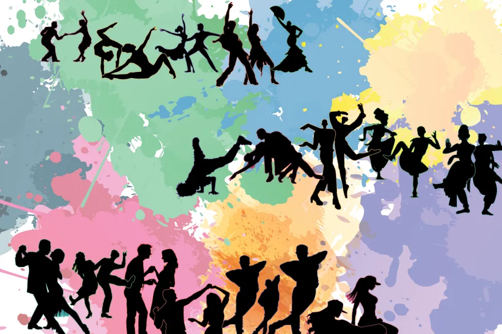 Three lines of silhouetted dancers in front of colorful background