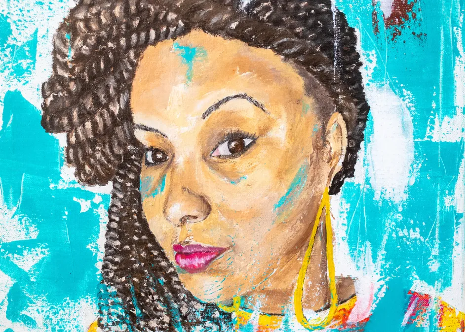 A vibrant painted portrait of a Black woman with braided hair over one shoulder and dangling gold ear ring.