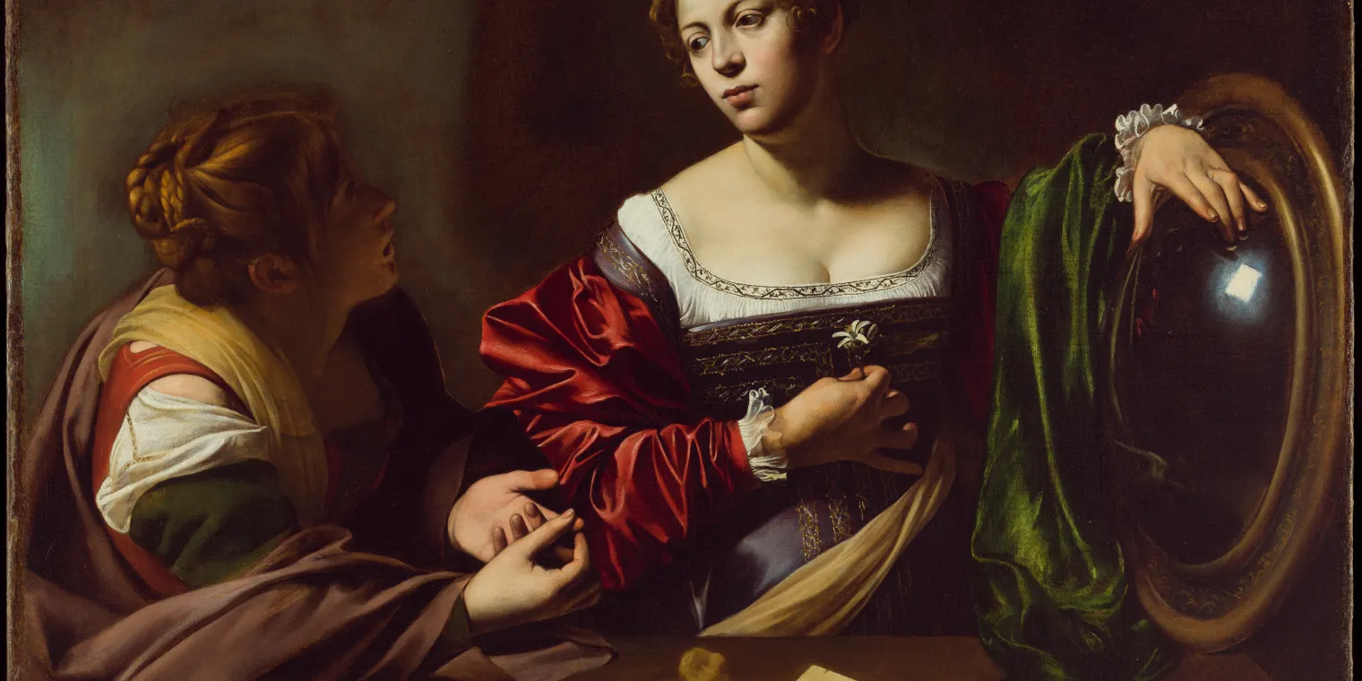 Michelangelo Merisi da Caravaggio, Martha and Mary Magdalene, ca. 1598. Detroit Institute of Arts, Gift of the Kresge Foundation and Mrs. Edsel B. Ford, 73.268.