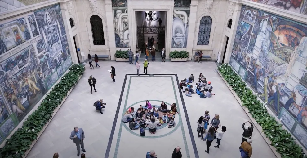 Rivera Court, bustling with visitors, as shot from above