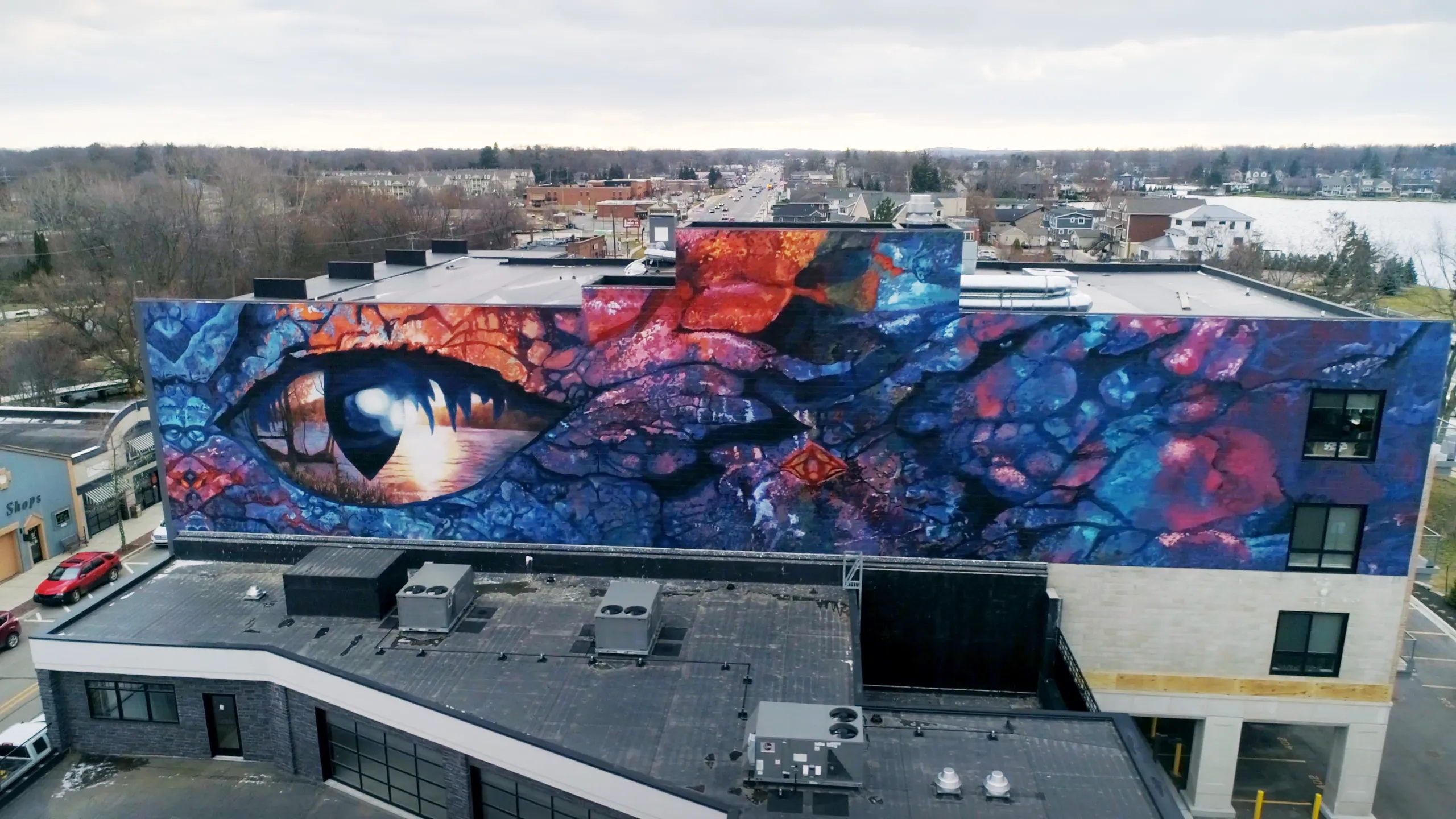 Lake Orion PIPA project, a mural with a large dragon eye