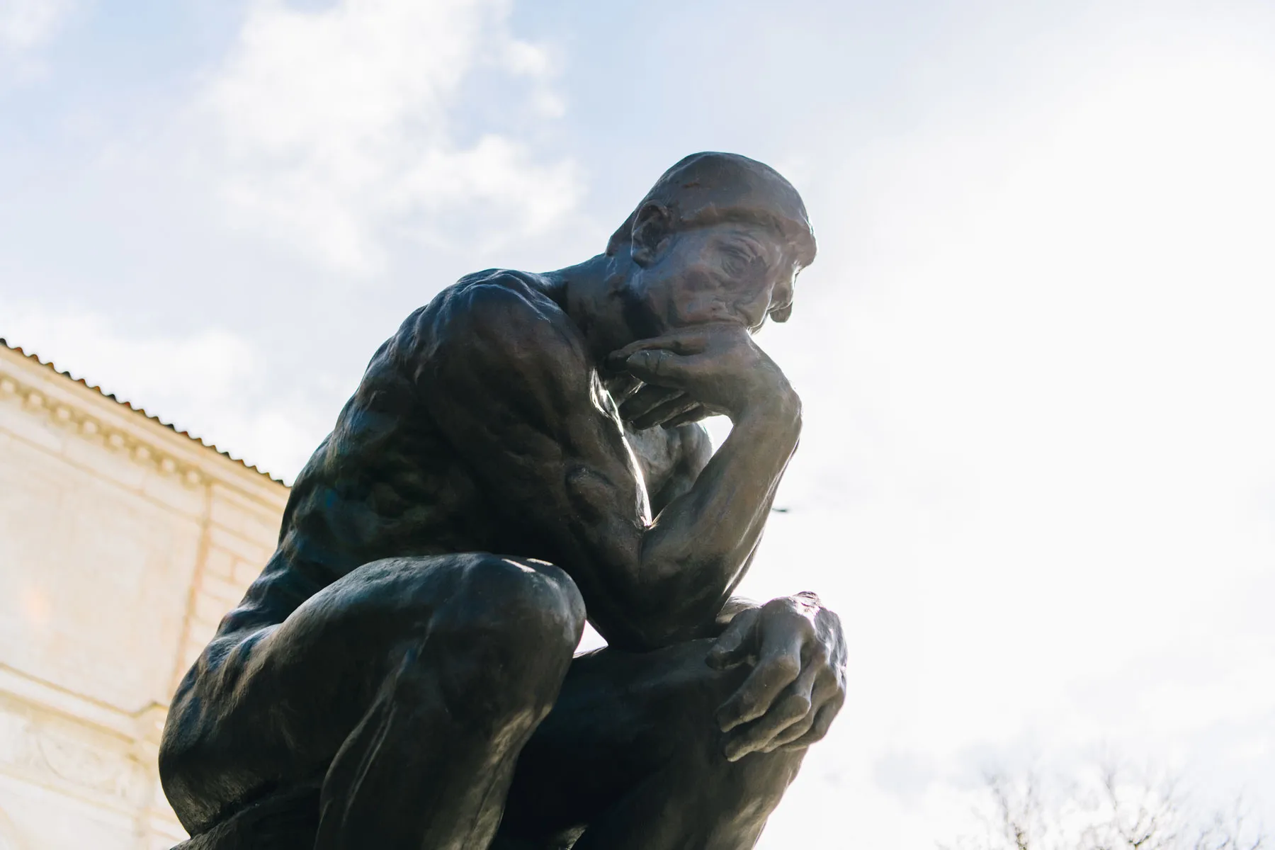 The Thinker pictured in front of the Detroit Institute of Arts