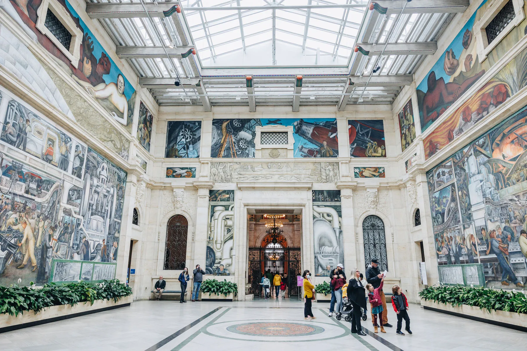 A central view of the Detroit Industry Murals in Rivera Court