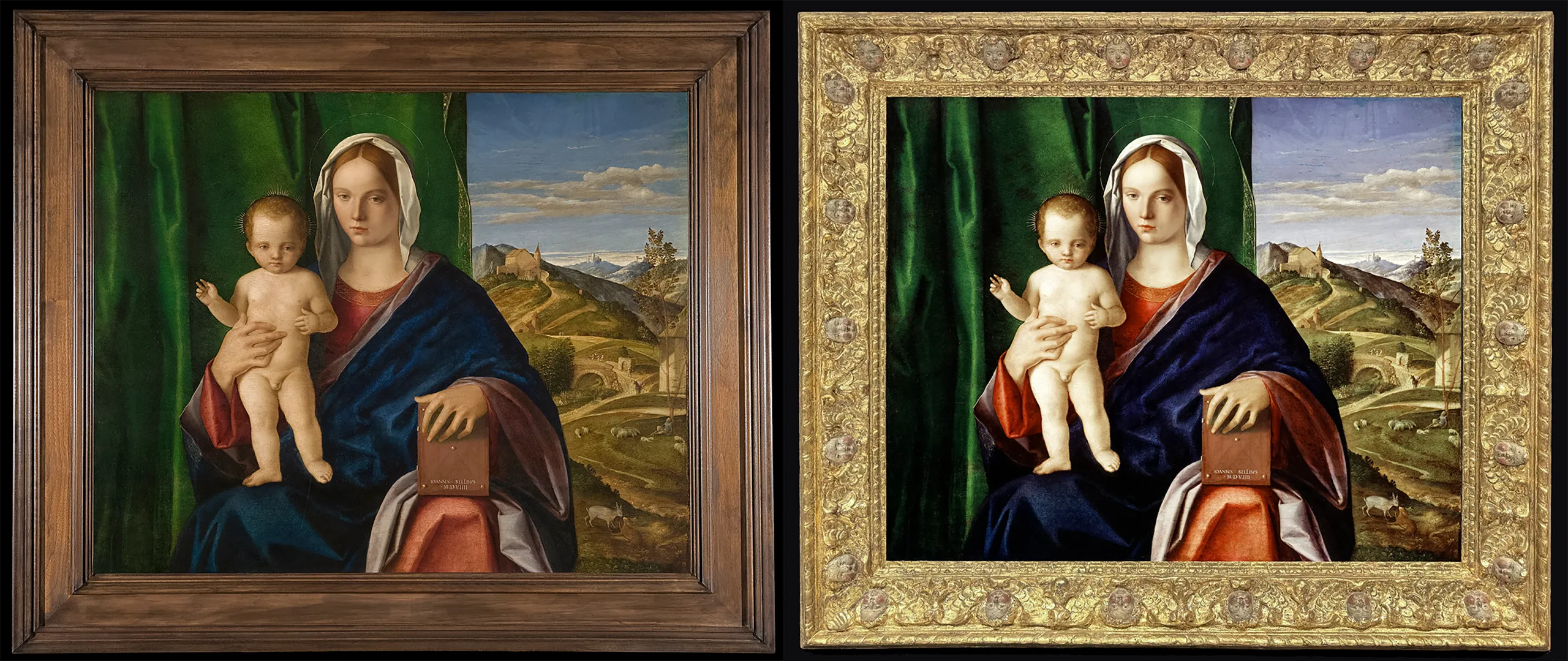 Giovanni Bellini, Madonna and Child, City of Detroit Purchase 28.115 (with travelling frame left and with original frame right)