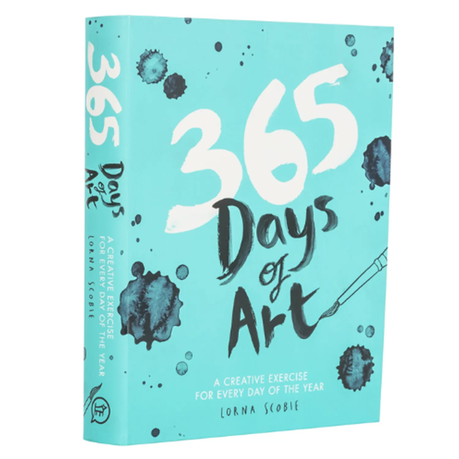 The book 365 Days of Art featuring a teal book cover and black watercolor smudges.
