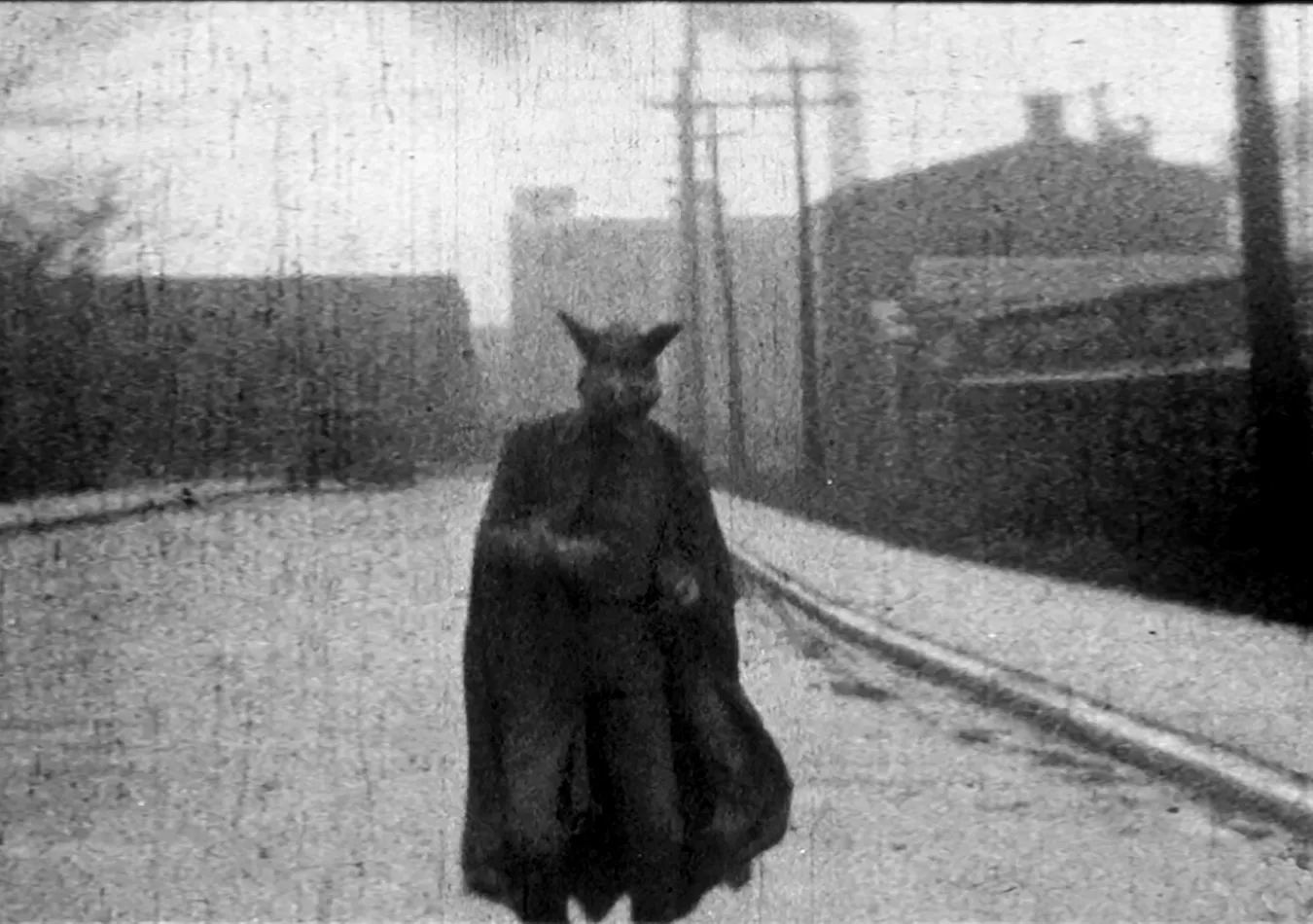 A figure dressed as the devil in black and white
