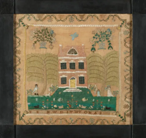 Sarah Eckstein. House and Yard, 1818. Silk on linen ground. Collection of Sharon and Jeffrey Lipton. Photo courtesy of Stephen & Carol Huber.