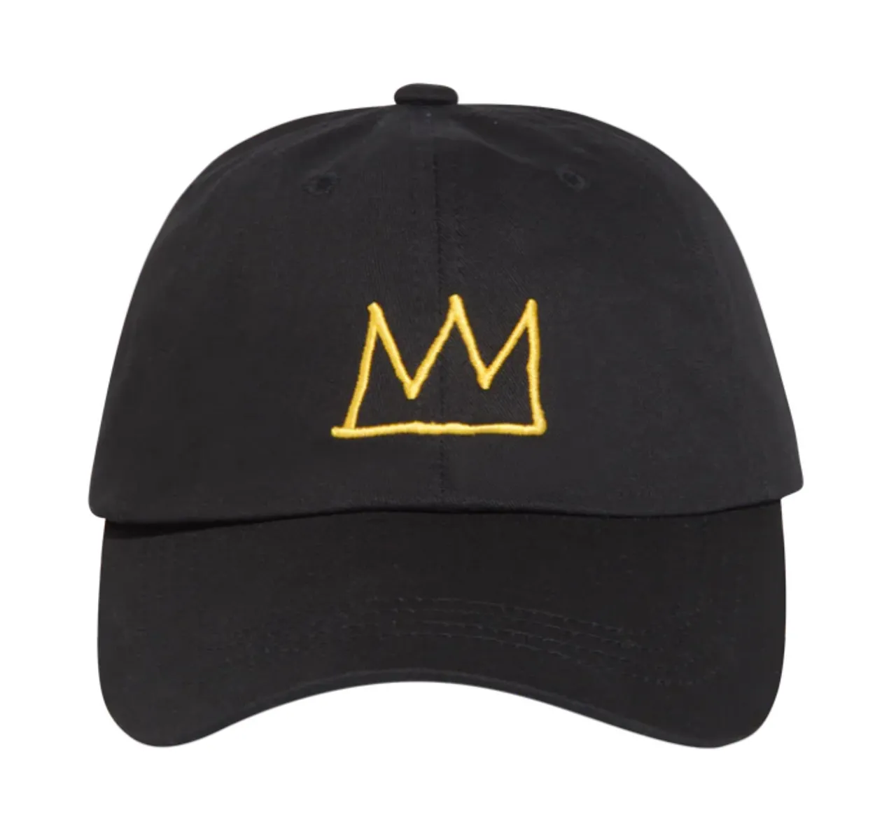 Black cotton twill dad cap featuring Basquiat’s iconic gold crown motif embroidered onto the front of the hat 
