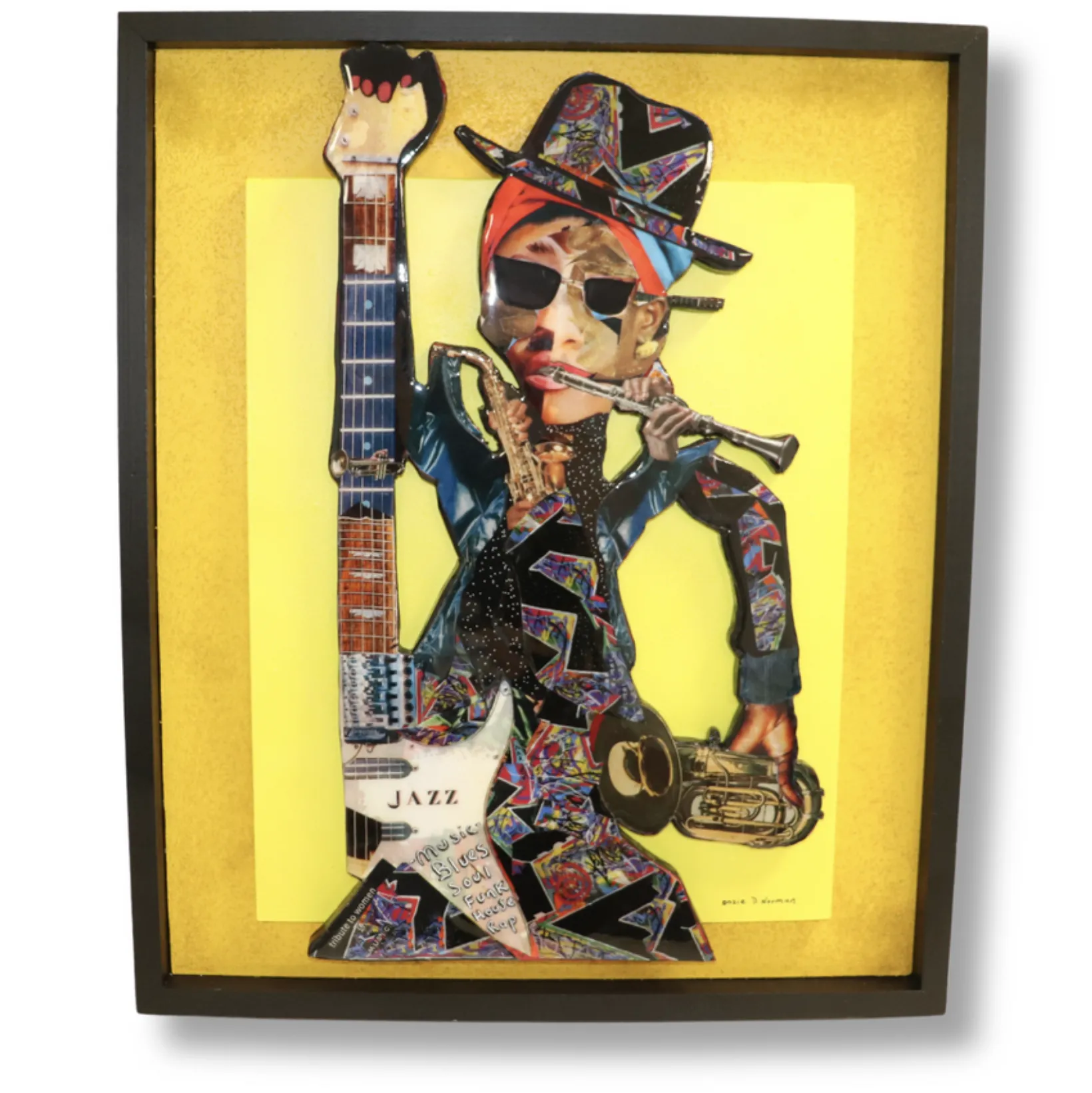 Harmony by local Detroit artist Onzie Deandre Norman. Crafted from wood, paper, spray paint, sand, and resin on wood