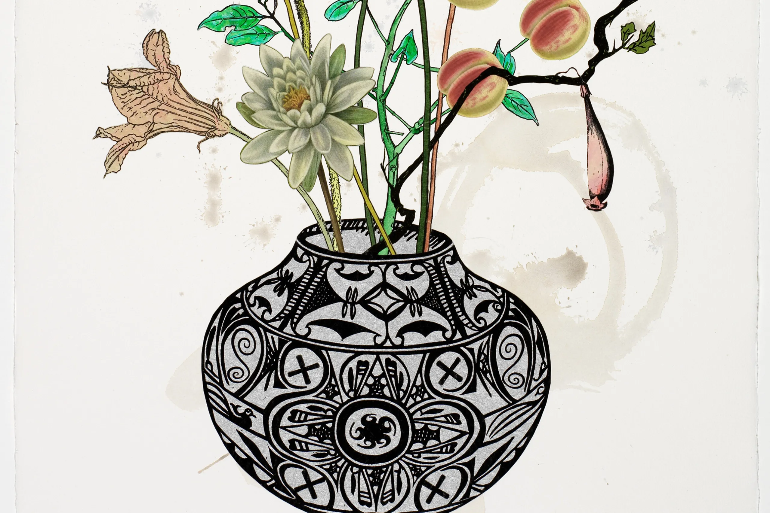 Jane Hammond, Zuni Flower #7, 2005, mixed media monotype printed in color ink with collage and hand coloring on Magnani Velata handmade paper. Detroit Institute of Arts, Museum Purchase, Graphic Arts Council Commissioned Work Fund, 2005.44.
