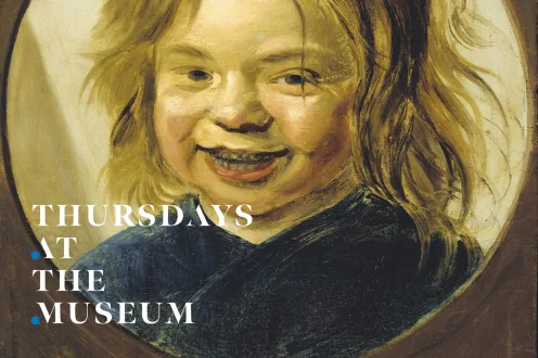 Thursdays at the Museum logo over the top of a painting of a smiling child with wild hair