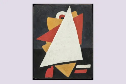 An abstract work of red, orange and white triangles and lines on a dark background.
