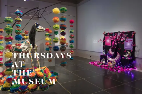 Ofrenda altars on display at the DIA with the text "Thursdays at the Museum" overlaid on the bottom left