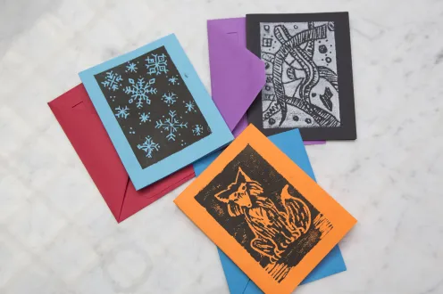 An example of print making cards made at the DIA's drop-in Art-Making studio