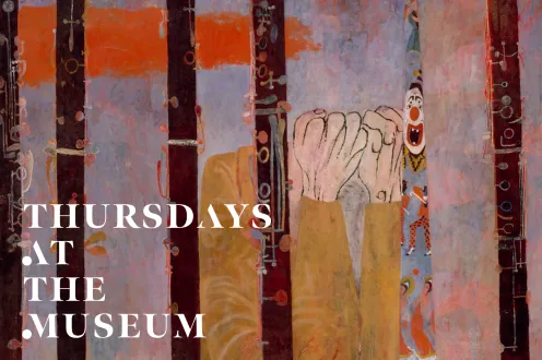 The logo for Thursdays at the Museum on top a painting of clarinets standing straight up with a partially obscured clown in the middle.