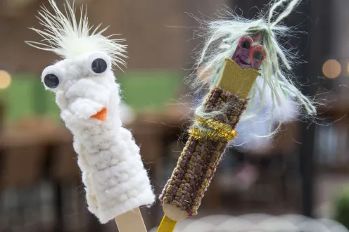 Examples of tongue depressor puppets made in the DIA Art-Making Studio