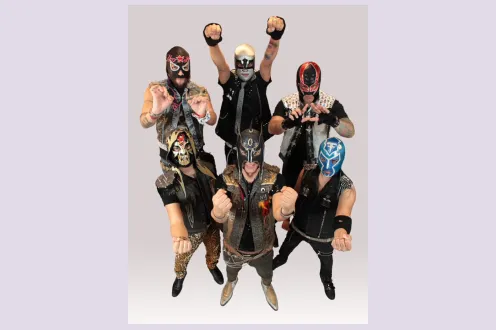 ECNO (El Conjunto Nueva Ola) pose in their masks