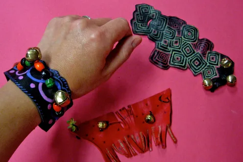 Examples of wrist and ankle rattles made in the DIA's Art-Making studio