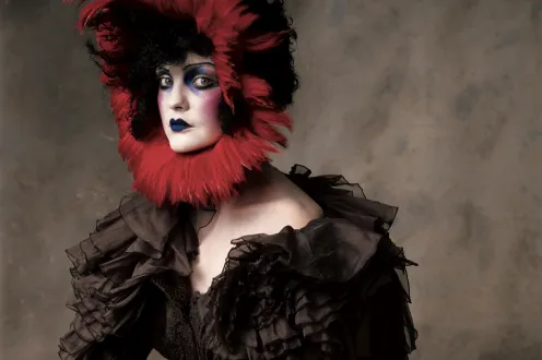 Irving Penn, “John Galliano Silk Wool Jacquard Jacket with Red Feather Headpiece,” New York, 2007, ©Condé Nast