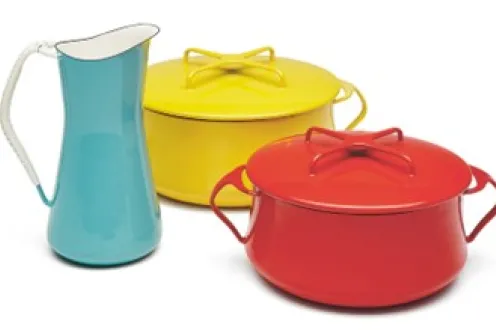 Examples of Scandinavian kitchenware in bold, primary colors. 