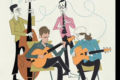 An illustration of two people sitting and playing guitar, and two people standing behind them, one playing bass and the other clarinet.