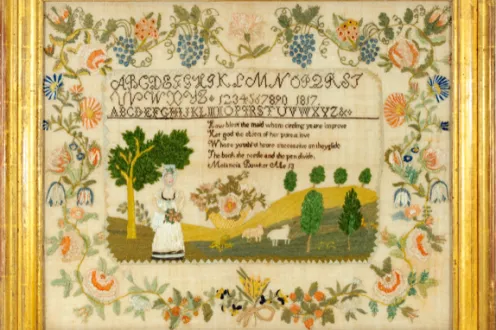 Melancia Bowker. Sampler, 1817. Silk, chenille, paint, paper and ink on linen. Collection of Sharon and Jeffery Lipton. Photo courtesy of Stephen & Carol Huber.