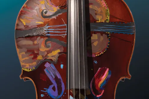 A cello adorned with abstract art