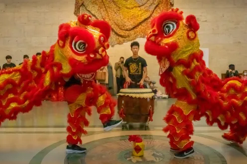 Michigan Lion Dance performers in the DIA's Great Hall