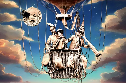 Thre whimsical characters in a hot air balloon next to a moon with a face
