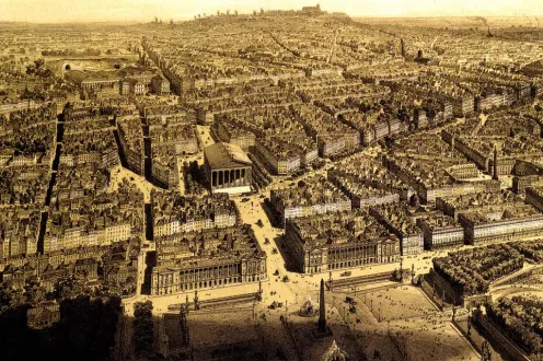 A sepia-toned early 20th century city-scape