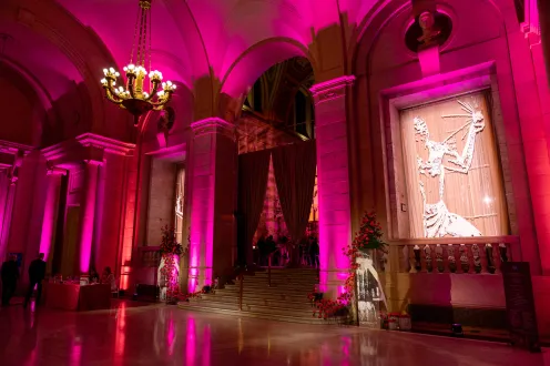 Inside the Woodward entrance, lit up in pink lights