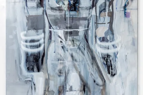  Israel Aten, Untitled, 2025, Acrylic, graphite, charcoal on canvas, 98 x 74 in. (249 x 188 cm).  