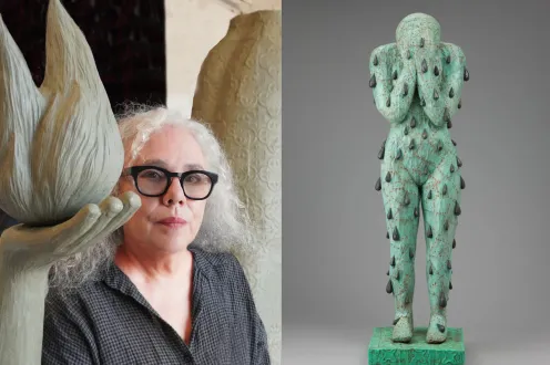 Left: portrait by Maddy Inez Right: Alison Saar, Blood/Sweat/Tears, 2005, wood, copper, bronze, paint and tar. Detroit Institute of Arts, Museum Purchase, W. Hawkins Ferry Fund, 2011.2.