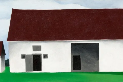 landscape artwork by Georgia O'Keeffe, white house with dark red roof on green grass and light blue sky