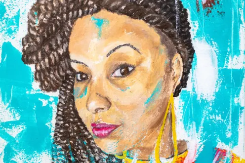 A vibrant painted portrait of a Black woman with braided hair over one shoulder and dangling gold ear ring.